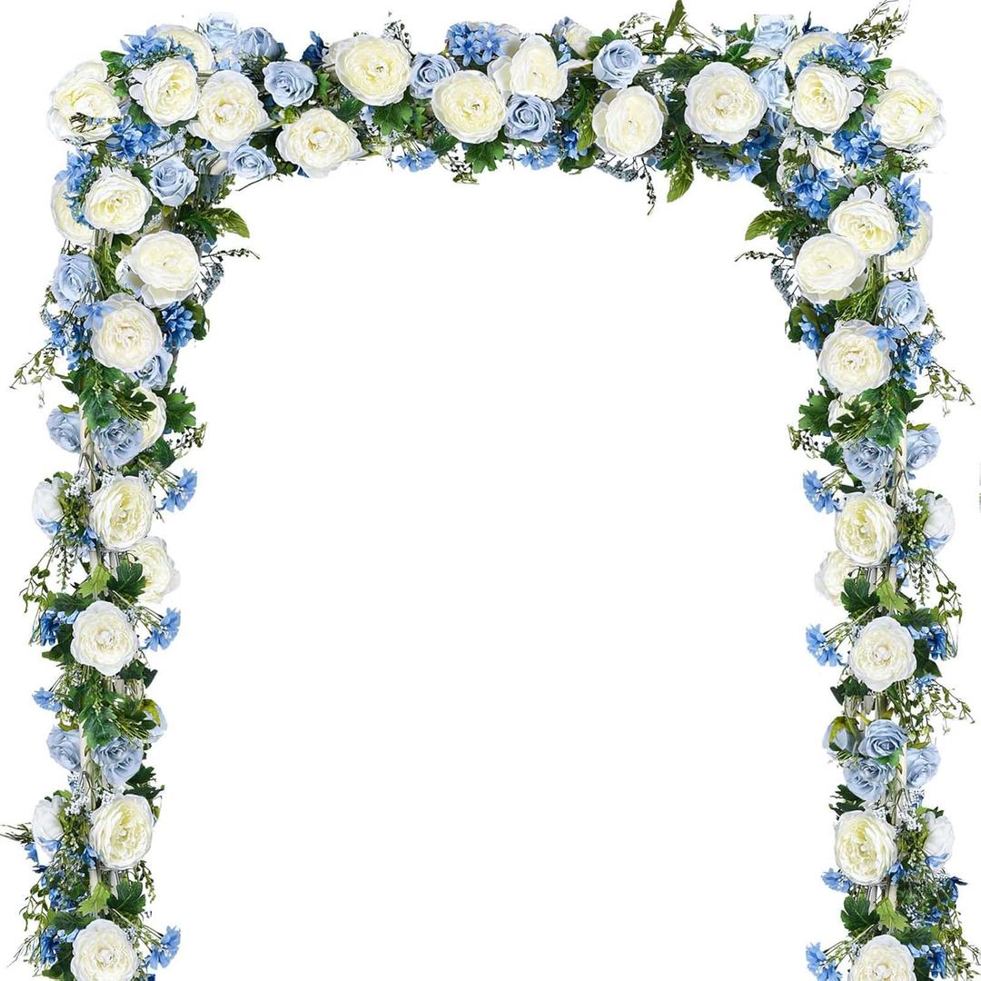 2 Pack Artificial Peony Flower Garland - 6ft Silk Peony Garland Flower Vine Blue and White Peony Silk Roses Flowers for Wedding Arch Party Table Decor (2, Blue)