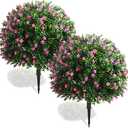Yunlly Set of 2 Artificial Boxwood Topiary Ball Tree 27 Inch Outdoor Boxwood Balls with Flower Faux Bush, UV Resistance Fake Shrub Plant with Spike for Garden Porch Patio Decor(Pink, 27x18inch)