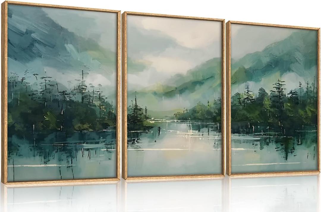 LHIUEM Large Geen Forest Mountain Framed Canves Wall Art Set,Misty Watercolor Artwork,Abstract Modern Nature Pine Tree Landscape Painting for Living Room,Bedroom,Office-16''x24''x3 Foggy Mountain Wall Art