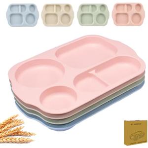 RUIBOLU Large 12 Inch Divided Plates for Kids Adults, Wheat Straw Portion Control Plate, Reusable Plastic Compartment Plates,Unbreakable Dinner Plates Dessert Plates, BPA Free (4 Pack-Beige/Pink/Green/Blue)