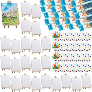 312 Pcs Canvas with Easel Set 8 x 10 Inch Canvas Boards with Wooden Easels, Paint Brushes Blank Panel Painting Kit for Adults Couples Painting Party Supplies Paint and Sip Date Night Kits
