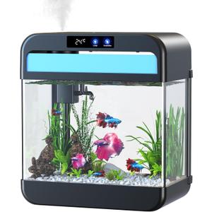 Fish Tank 2.2 Gallon Fish Bowl with Humidifier 7 Color Auto-Looping Light 3 in 1 Quiet Pump with Filteration & Oxygenation & Circulation, Temperature Display, HD Float Glass, Thickened Base (Smart-Black)