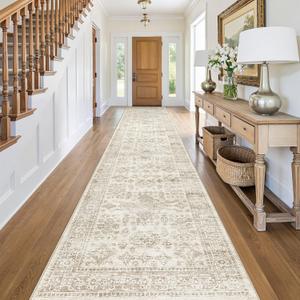 Area Rugs for Living Room: 3x12 Washable Rug Vintage Pattern Large Non-Slip Stain Resistant Soft Durable Floor Carpet for Bedroom, Dining Room, Home Office - Light Brown