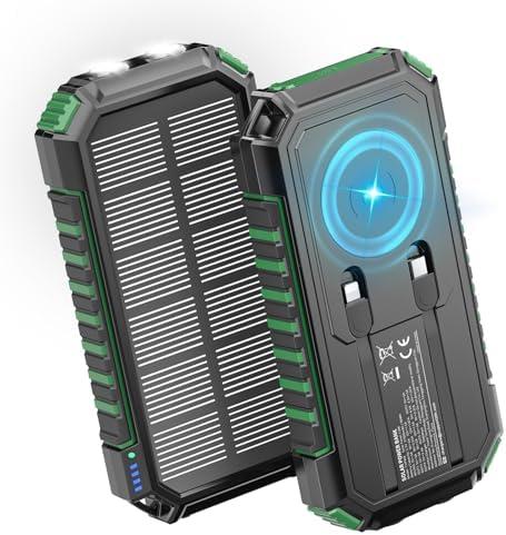 Riapow Solar Charger Power Bank - 27000mAh Wireless Portable Charger Built in 2 Cables - 22.5W Fast Charging Battery Bank with USB C in/Output - PD QC 3.0 Battery Pack Flashlights Outdoor
