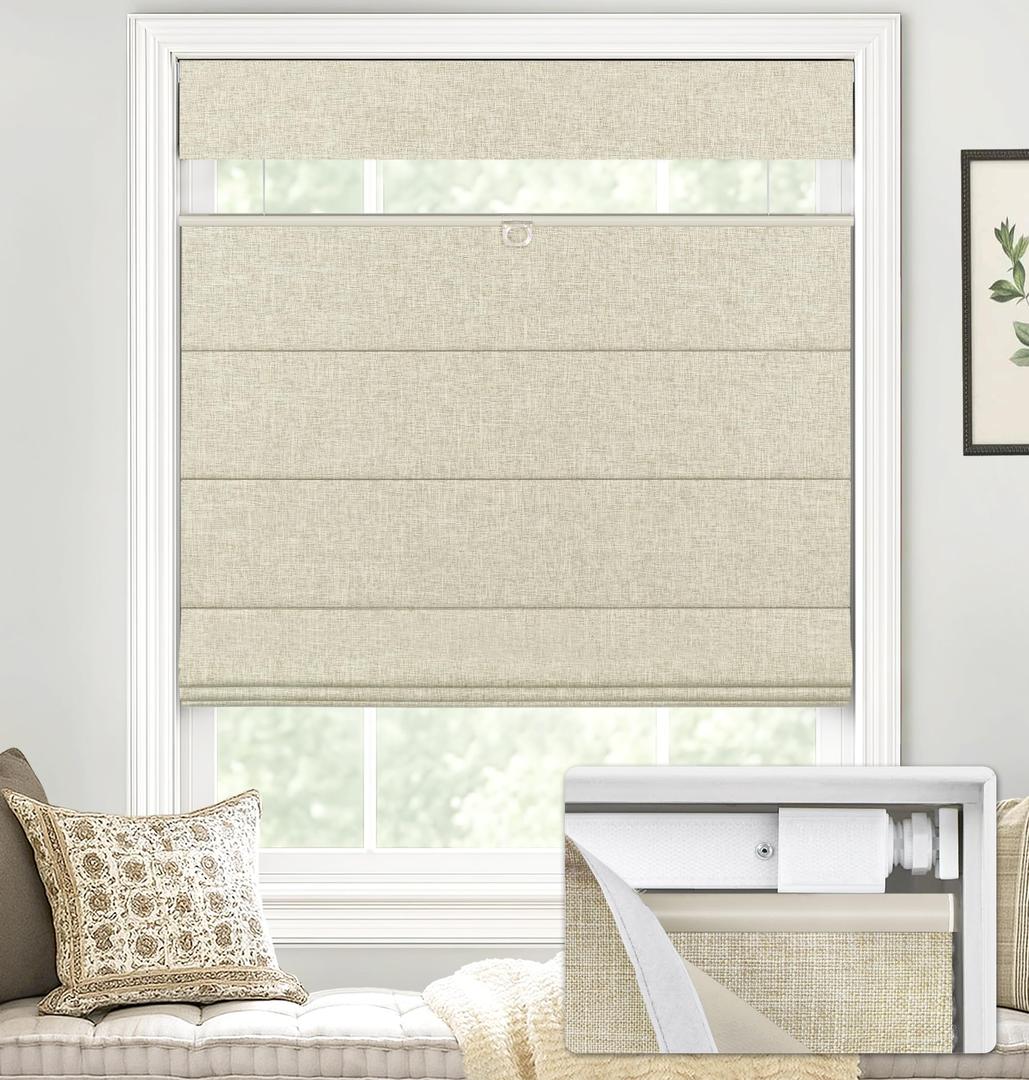 LazBlinds No Drill TDBU Roman Shades, Blackout - Beige, 34" W x 72" H