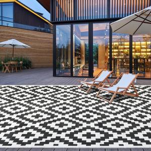 SAND MINE Waterproof Outdoor Rug 9x18 ft, Plastic Straw Rug, Modern Area Rug, Large Floor Mat, RV, Patio, Backyard, Deck, Picnic, Beach, Trailer, Camping (9' x 18', Black & White Lattice)