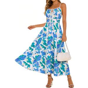 GRACE KARIN 2026 Women's Summer Maxi Floral Dress, Spaghetti Strap Tie Front Boho Sundress with Pockets, Small