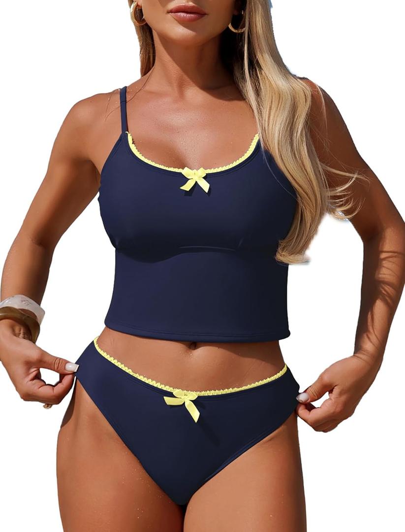 ZAFUL Womens Tankini Swimsuits Tummy Control High Cut Bow Decor Bathing Suits Two Piece Bikini Sets (Small, 0651_Navyblue)