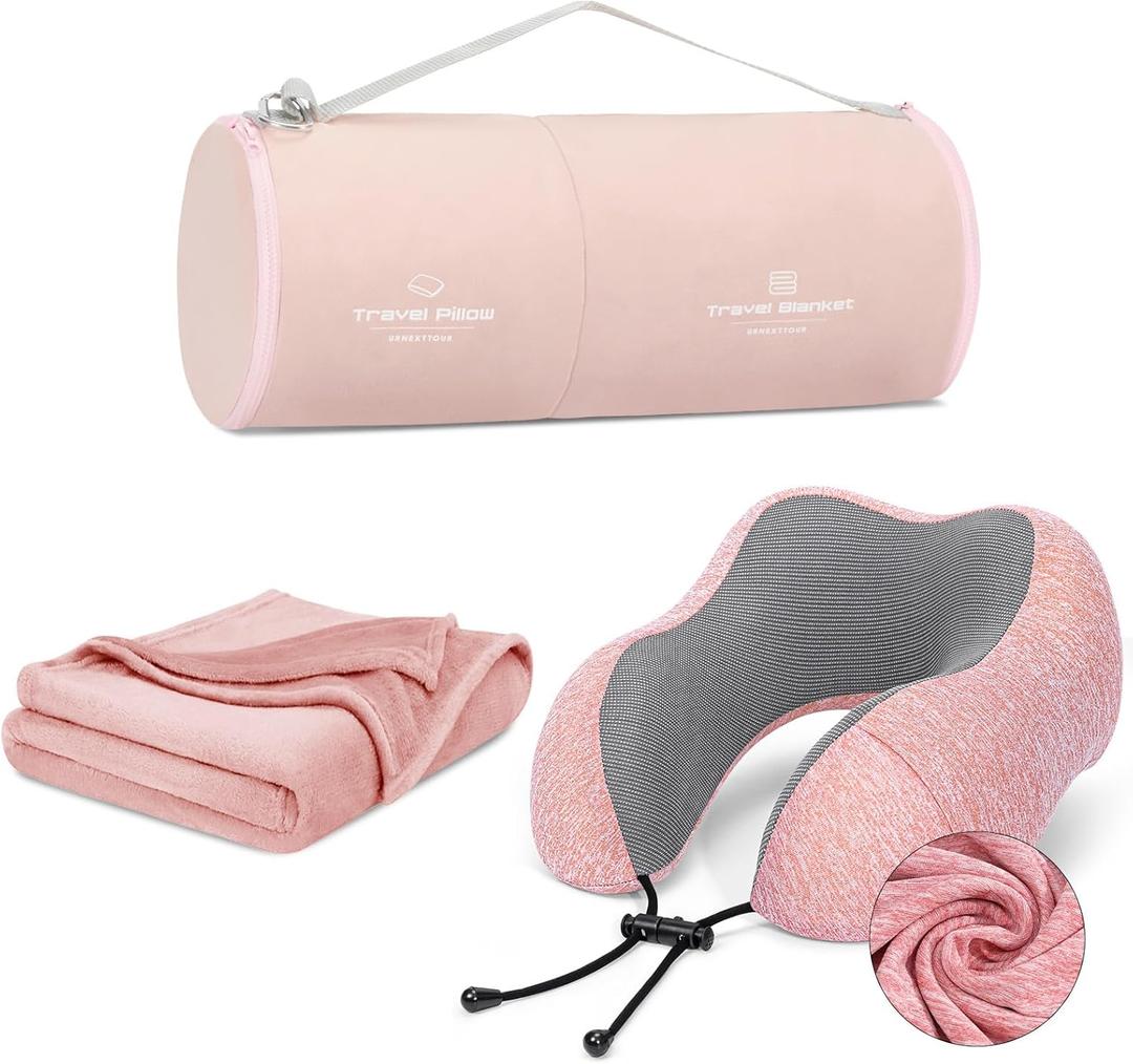 Neck Pillow and Blanket Set Travel Pillows Travel Essentials for Airplane Pink (C-pink)