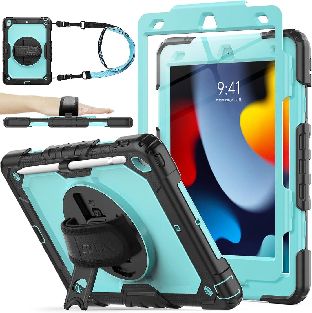SEYMAC stock Case for iPad 9th/ 8th/ 7th Generation 10.2'', Shockproof with Screen Protector, Pencil Holder [360 Rotating Hand Strap] & Stand, for iPad 10.2 inch 2021-2019 (SkyBlue+Black)