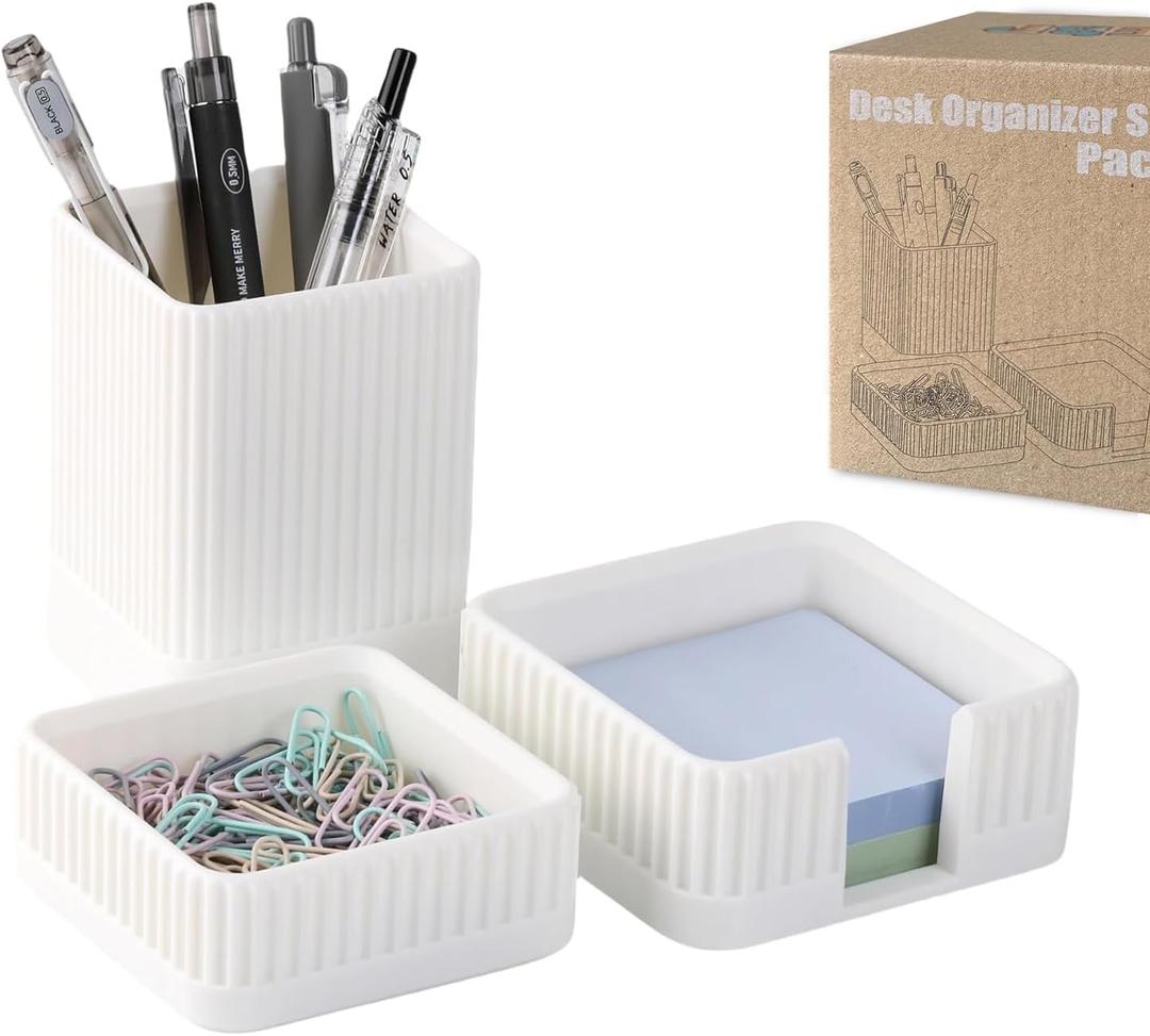 Aesthetic Desk Organizers and Accessories Set of 3 with Pen Holder, Paperclip Holder, Sticky Note Holder - Durable Plastic Pencil Holder for Office Women Men-Teacher Appreciation/ Back-to-school Gift