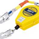 Self Retractable Lifeline Fall Protection Arrester 50FT Double Locking Roofing Safety Rope Lanyard Fall Arrest Gear, Dual Alloy Steel PPE shell Heavy Duty Hook Cable Wire