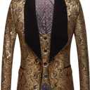 Mens 2 Pieces Set Jacquard Tuxedo Suits Jacket and Vest (Black Gold)