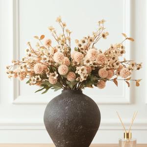 Beige Silk Flower Arrangements For Home Decor, Large Floral Centerpieces For Tables, Fake Mums + Eucalyptus + Wild Flowers in Bulk, Long Stem Artificial Flowers Coffee Dining Table, Faux Mums Flowers (Beige Wax+kiku)