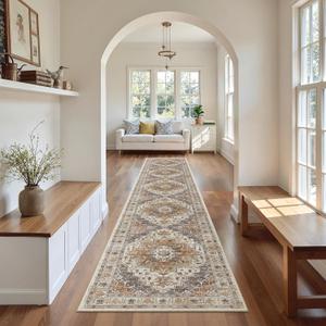 Madane Hallway Runner Rug 2x12, Extra Long Washable Runner Rugs with Rubber Backing, Non Slip Carpet Runner, Vintage Rug Runners for Kitchen Laundry Room Entryway (Turmeric/Grey, 2'x12')