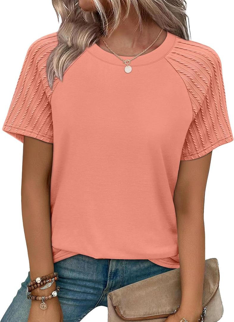 WIHOLL Short Sleeve T Shirts for Women Oversized Summer Tops Fashion Pleating Beach Vacation Clothes Plus Size Women's Clothing Coral L
