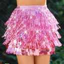 Unicra Gold Sequin Skirt Sparkly Fringe Skirt Glitter Belly Dance Hip Scarf for Women (Pink)