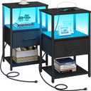 TUTOTAK LED Nightstand Set of 2, Night Stand with Charging Station, End Table, Bedside Table with Fabric Drawer, Side Table for Livingroom and Bedroom, Black TB01BK0692L