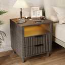 Night Stand with Charging Station, Fluted Bedside Table with 2 Drawers Storage, Wood Modern Nightstand with Open Shelf, Curved Profile Design, End Table for Bedroom Office, Dark Grey