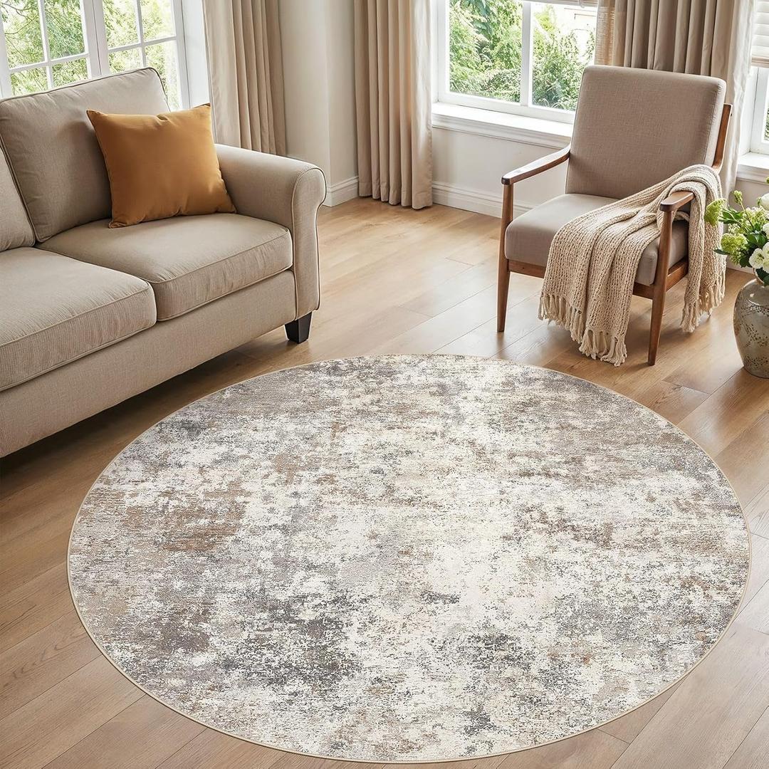 6ft Round Area Rug Living Room Rugs - 6x6 Washable Neutral Modern Abstract Soft Thin Rug Indoor Floor No Slip Rug Carpet for Bedroom Under Dining Table Home Office Decor - Brown Grey