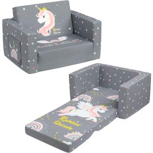 ALIMORDEN 2-in-1 Flip Out Comfy Toddler Couch, Lovely Kids Chair Convertible Sofa to Lounger for Story/Nap Time, Grey Unicorn