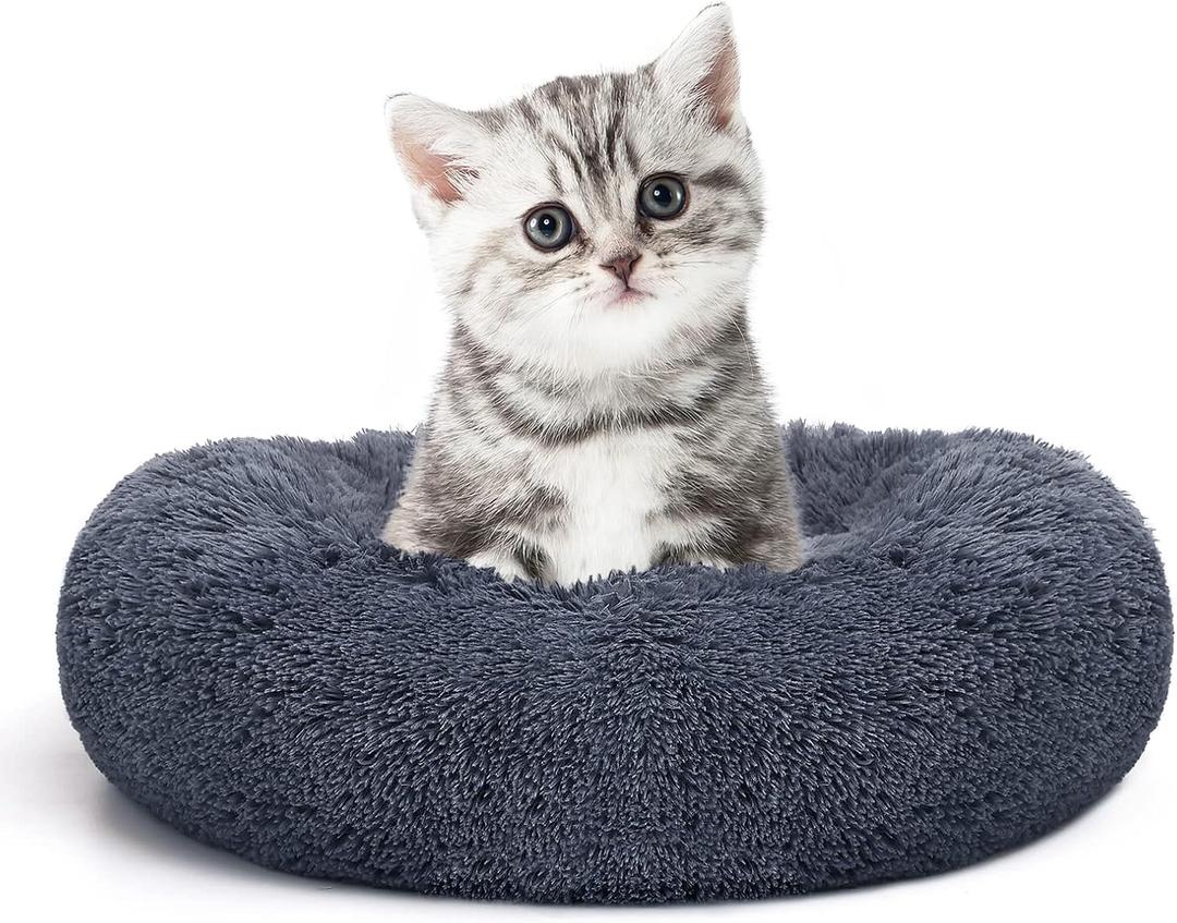 MIXJOY Calming Cat Beds for Indoor Cats, 20'' Kitten Donut Beds for Pet Up to 15lbs, Fluffy Small Cat Cuddler, Anti-Anxiety Plush Faux Fur Large Pet Bed Washable (20'', Grey-Blue)