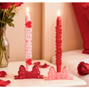 DN DECONATION Flameless Taper Candles Set of 2, Red & Pink Valentine LED Candles - Battery Operated “Valentine” & “BE Mine” Decor Candles for Romantic Home, Wedding, Gift for Her