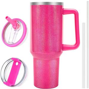 40 oz Tumbler with Handle and Flip Straw Lid, Vacuum Insulated Leak Proof Double Walled Stainless Steel Glitter Travel Mug Tumblers, Maintains Cold Ice and Heat for Hours(Hot Pink)