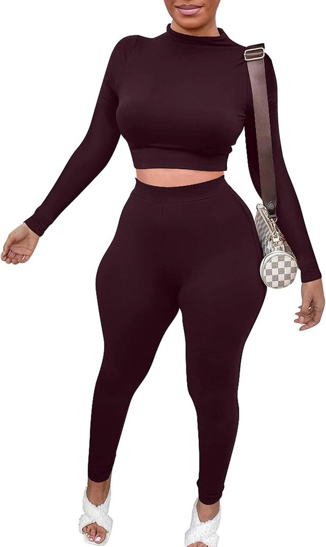 Mizoci Women's Workout 2 Piece Outfits Crop Top High Waisted Legging Pants Set Long Sleeve Track Suits Jumpsuit (Medium, Dark Chocolate)