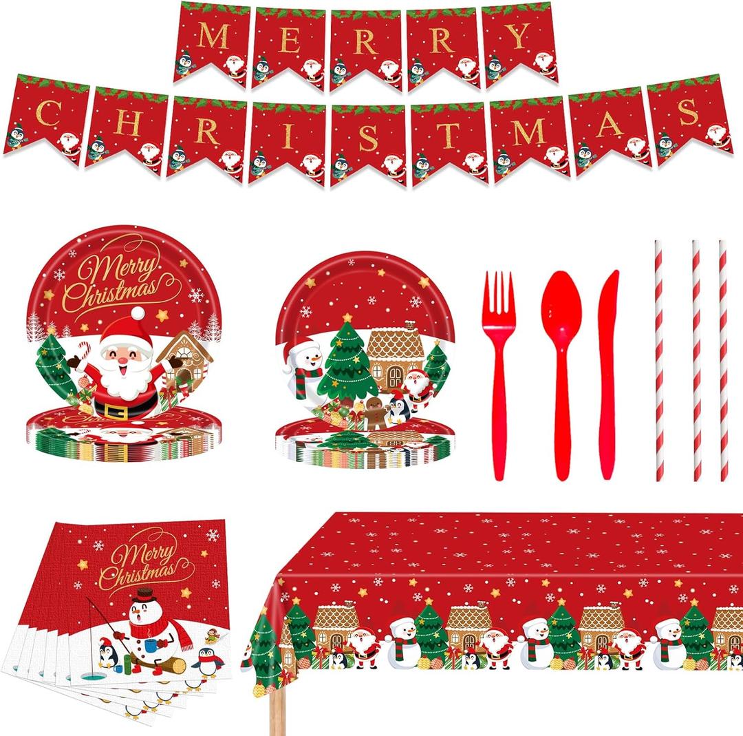 170Pcs Christmas Paper Plates and Napkins - Disposable Dinnerware Party Supplies Set with Tablecloth Spoons Straws Knives Forks Banner, Xmas Tableware Set for Holiday Dinners Decorations Serves 24