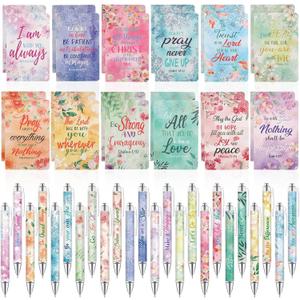 Maritown 48PCS Bible Verse Pens with Christian Notepads Inspirational Quotes Pens Flower Scripture Ballpoint Pens for Women Student Religious Easter Gifts for School Office (Gouache Flowers, 48)