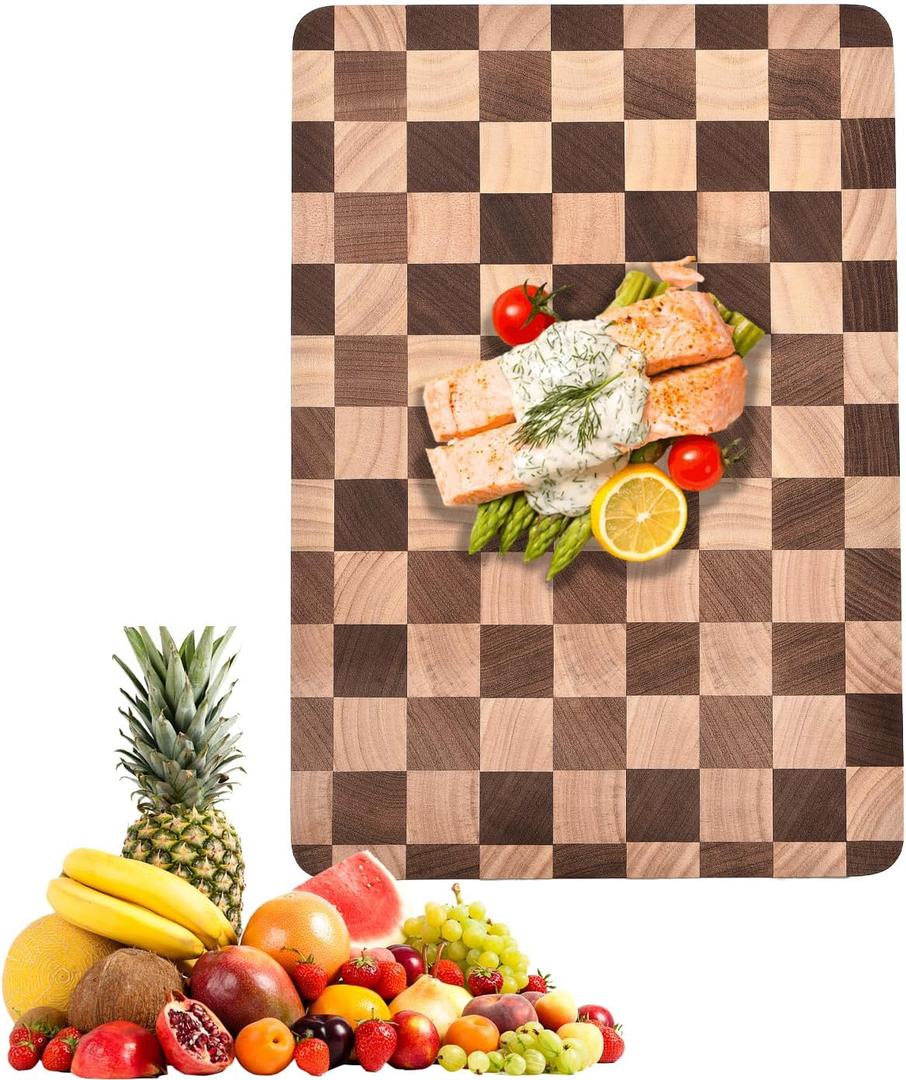 Wood Cutting Board for Kitchen,Dishwasher Safe Checkered Chopping Board with Juice Groove& Handles Thick Wooden Board for Meat Vegetables Fruit Ideal Gift for the Home(15.7"x11"x1")