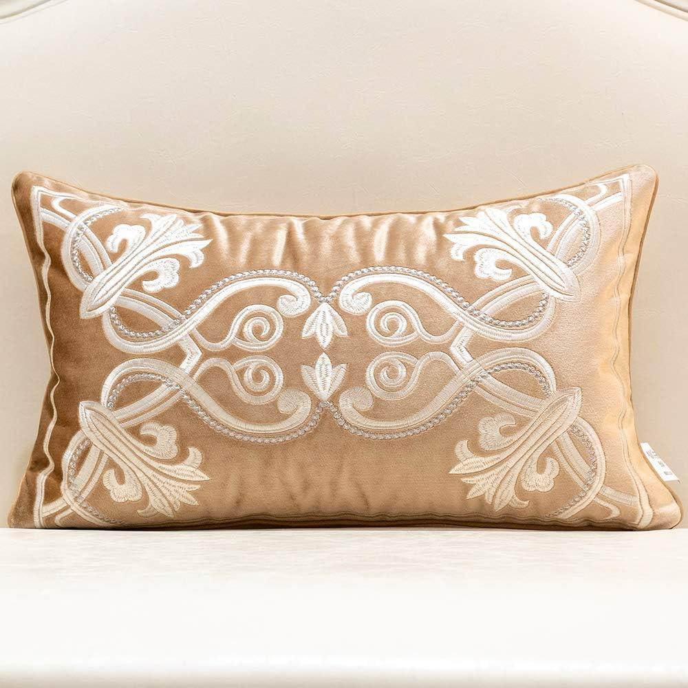 Avigers 12 x 20 Inch European Cushion Cover Luxury Velvet Home Decorative Embroidery Petunias Pillow Case Pillowcase for Sofa Chair Bedroom Living Room, Beige