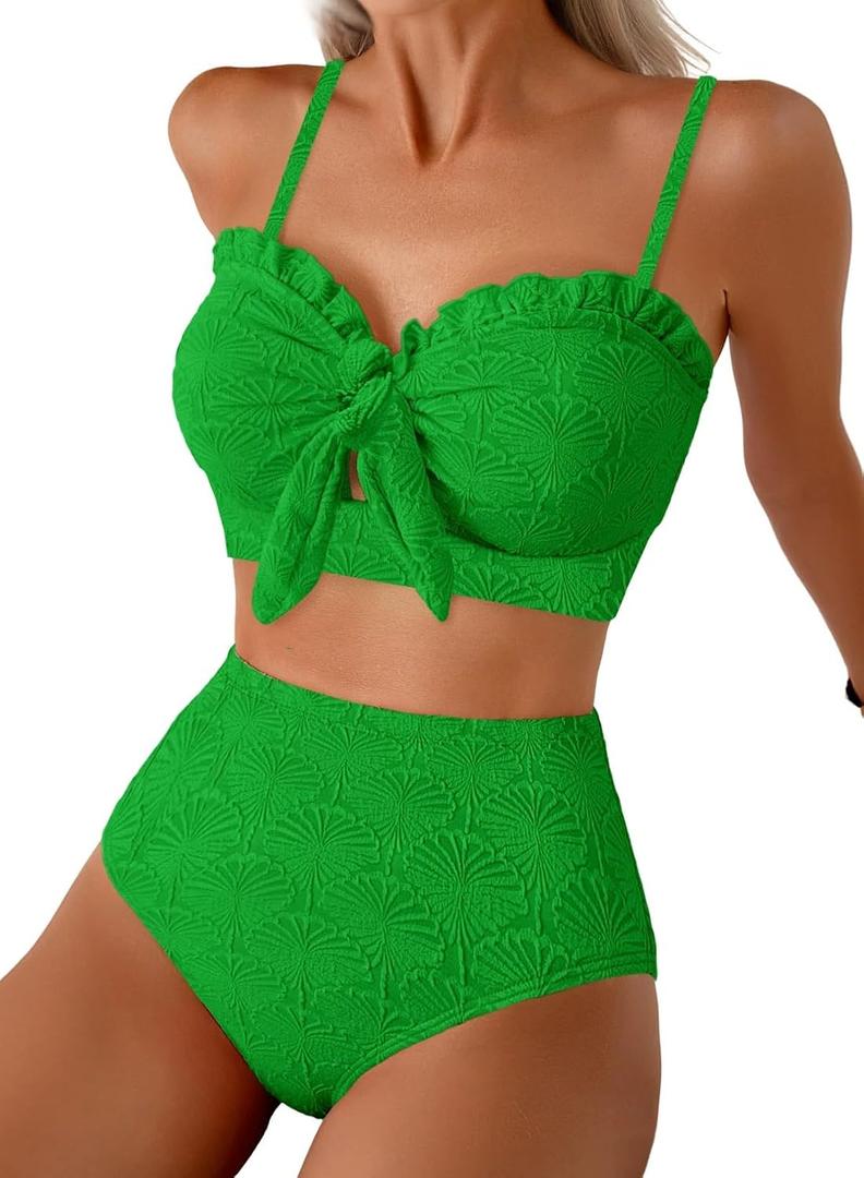 Herseas Women's Seashell Textured Bikini Sets Knotted Front 2 Piece Swimsuits Ruffle Trim Bathing Suits (Green, L)