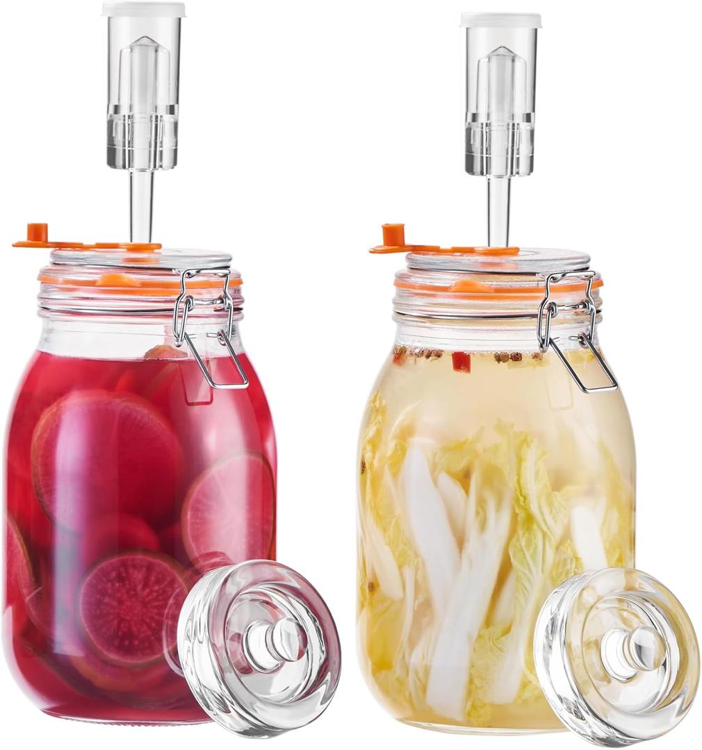 JILLMO 1.8 Liters Fermentation Jar, Glass Fermenting Kit with Weight for Making Sauerkraut, Hot Sauce, Mead, Cider and More, Pack of 2