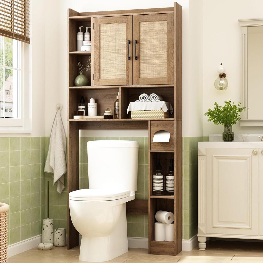 RUSTOWN Rattan Over The Toilet Storage Cabinet,Boho Over Toilet Bathroom Organizer with 2 Doors & Adjustable Shelves,Modern Above Toilet Rack with Toilet Paper Holder for Bathroom (Rustic Oak), 66.9 inches x 30.7 inches x 7.9 inches