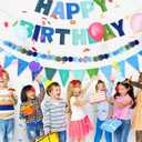 CANREVEL Pre-Strung 3D Rainbow Happy Birthday Banner, 3 PCS Happy Birthday Felt Sign, Pom Pom Garland, Triangle Fabric Bunting, Colorful Reusable Birthday Decorations for Women Men Girls Boys, Blue