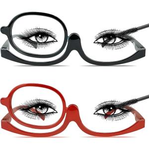 2 Pack Makeup Reading Glasses for Women Magnifying Flip Down Cosmetic Readers with Spring Hinge (Black+red)