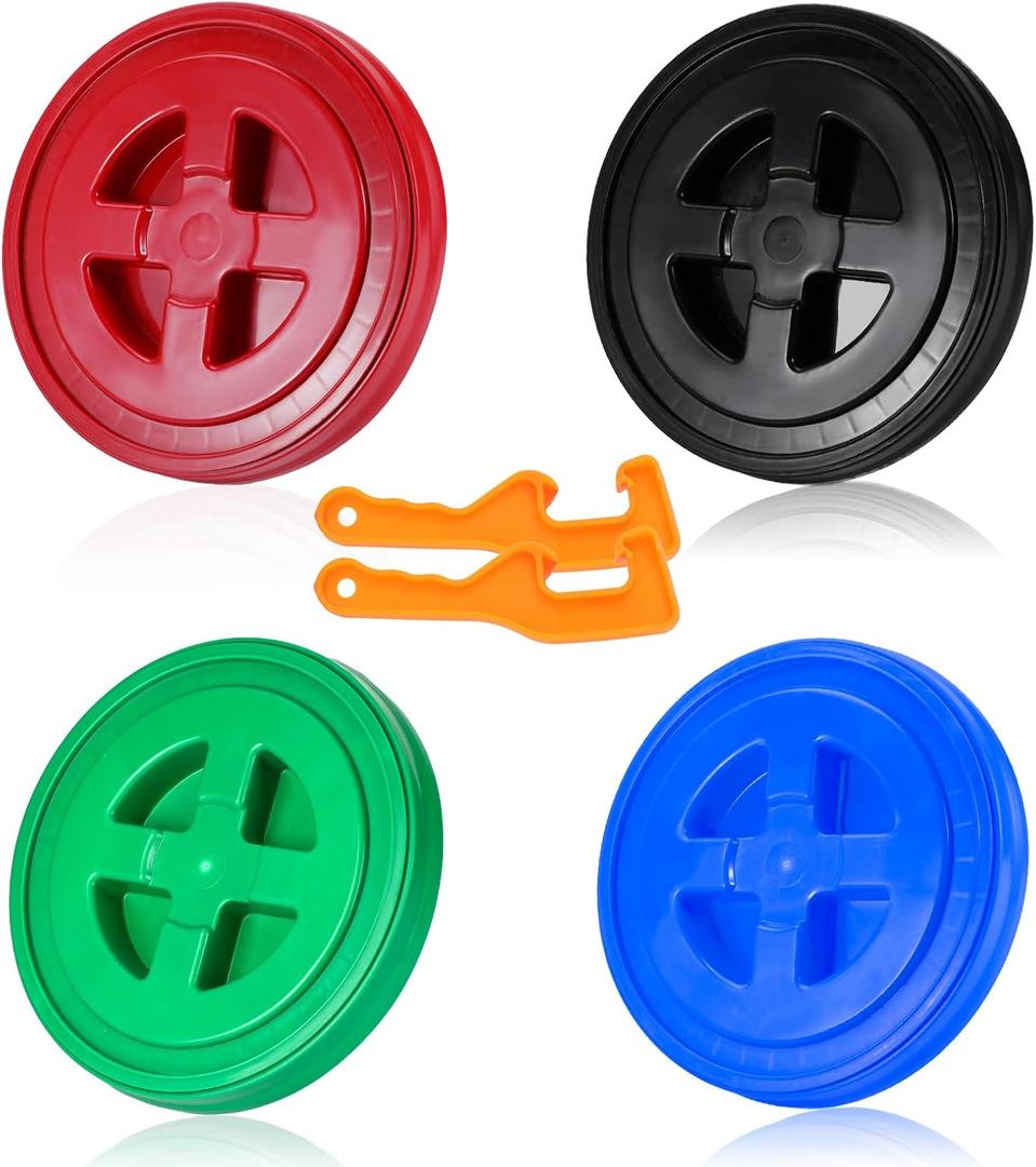 4 Pieces 5 Gallon Bucket Lid with Bucket Lid Opener,Plastic Storage Bucket Leak-Proof Screw Seal Lids,Pet Food Storage Container Lid for Home Paint Storage Buckets (Black/Red/Blue/Green)