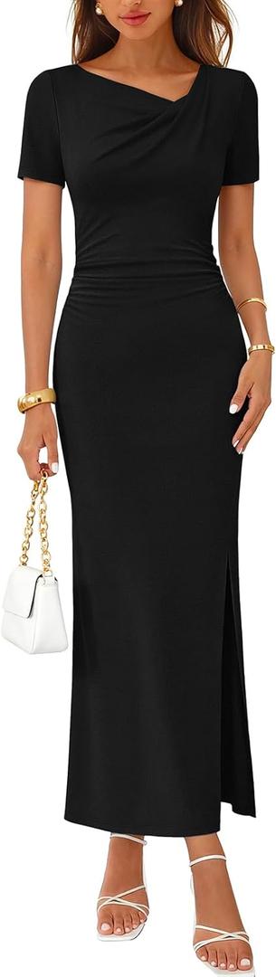 MEROKEETY Women's Summer Wedding Guest Dress Formal Short Sleeve Ruched Side Slit Bodycon Cocktail Party Long Dresses (Large, Black)