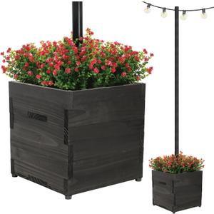 Extra Large Decorative Wooden Planter w/ Universal Pole Support for String Light Poles, Umbrellas, Bird Feeders. Solid Wood Outdoor Garden Box for Plants(Does not include Pole), 17"x17"x18", Black