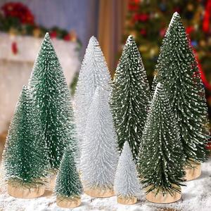 9pcs Mini Christmas Tree Desktop, Artificial Christmas Pine Tree, Mini Bottle Brush Trees Tabletop, Small Sisal Trees with Wooden Bases, Xmas Holiday Decor (Dark Green-Green-Silver)
