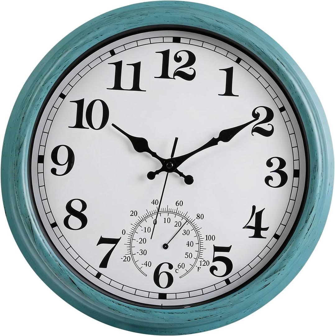 16 Inch Large Outdoor Clock Retro Waterproof Clock Non-Ticking Indoor/Outdoor Wall Clock with Thermometer, Battery Operated for Pool, Patio, Garden, Green