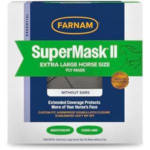 Farnam SuperMask II Fly Mask Without Ears for Larger Horses, Full Face Coverage and Eye Protection from Insect Pests, Structured Classic Styling Mesh with Plush Trim, XL Size