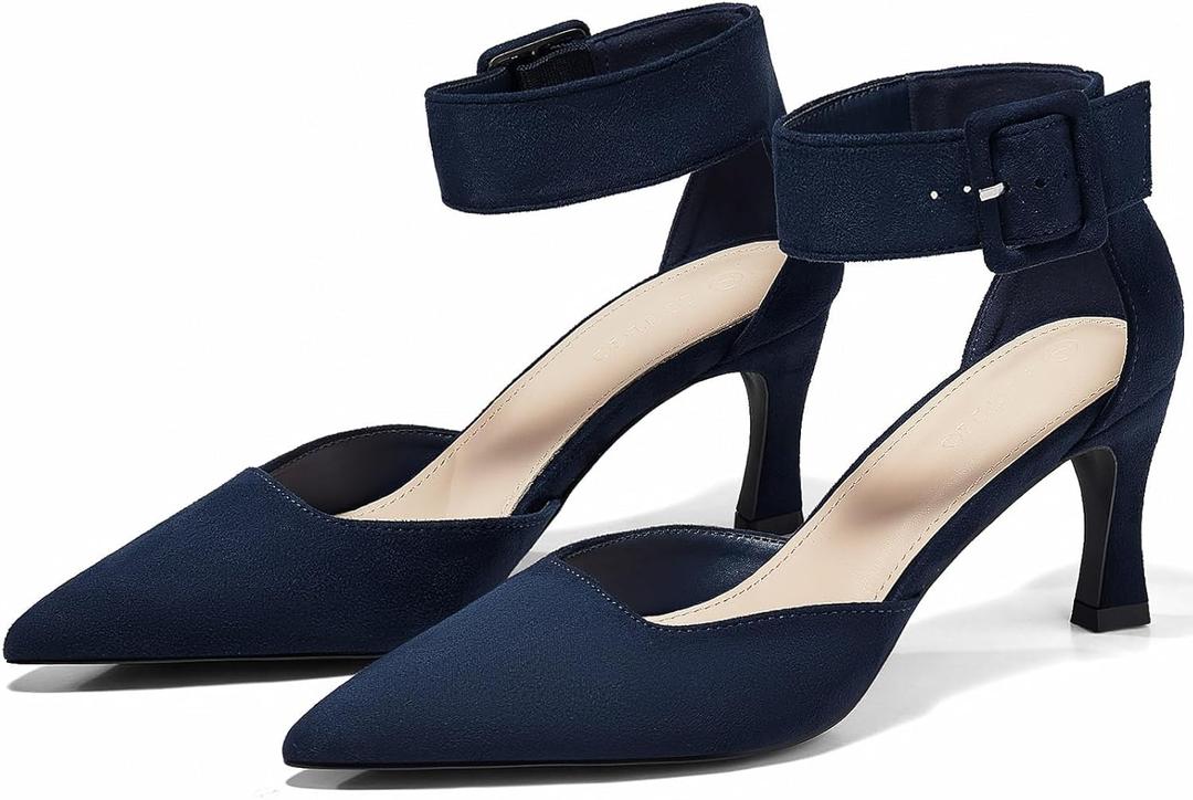 Coutgo Womens Kitten Low Heels Closed Pointed Toe Ankle Buckle Strap Pumps Suede Dress Wedding Shoes (7.5, Navy Blue)