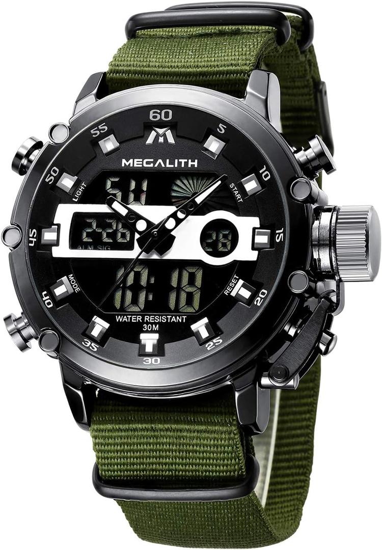 MEGALITH Mens Watches Waterproof Digital Military Sport Tactical Multifunction Heavy Duty Led Rugged Watch for Men, Alarm Stopwatch, Nylon/Leather Strap (1-Green Black)