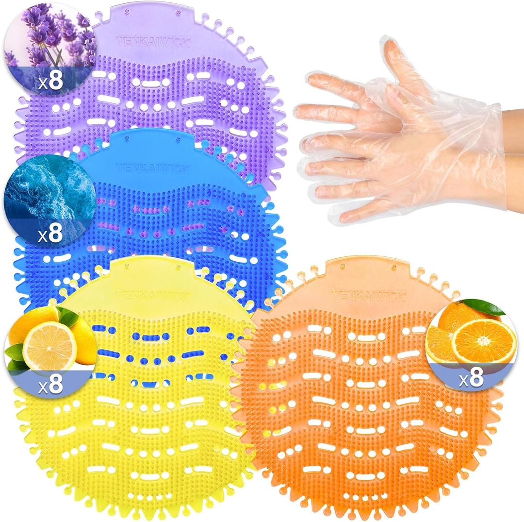 32 PACK Urinal Deodorizer Screen with 100 Gloves-3D Wave Anti-Splash Odor Protection Urinal Cakes for Men Toilets, Four Scents Urinal Mats