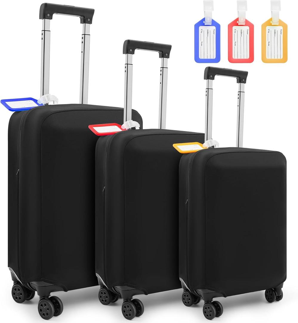 Paterr 3 Pieces Luggage Cover Travel Suitcase Protector Anti Scratch with 3 Pcs Plastic Luggage Tags 20/24/ 28 Inch Suitcase Cover Protector Washable Fits 18 to 28 Inch 3 Sizes, black