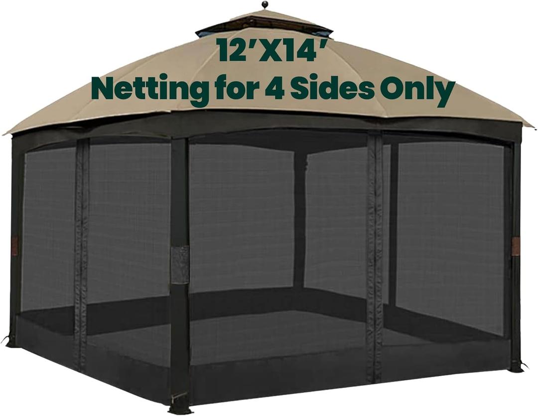 OLILAWN Gazebo Universal Replacement Mosquito Netting, Upgrade 12' x 14' Outdoor Canopy Net Screen 4-Panel Sidewall Curtain, with Zippers, Easy to Install, Fit for Most Gazebo 12x14 Canopy, Black