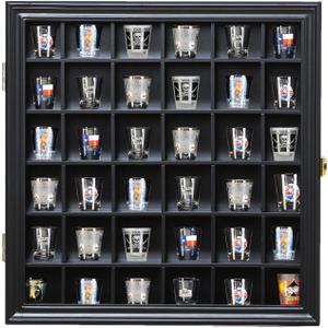 Shot Glass Display Case Wooden Cabinet Rack Holder Wall Mounted Black Shadow Box Lockable with UV Protection Acrylic Glass Door Shot Glass Storage Display with Removable Shelves, 16.5"x16.2", 36 Slots